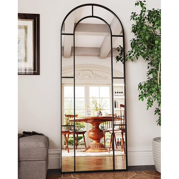 Antok 71"x 28" Arched Full Length Windowpane Mirror Metal Framed Wall Decor Floor Mirror, Black