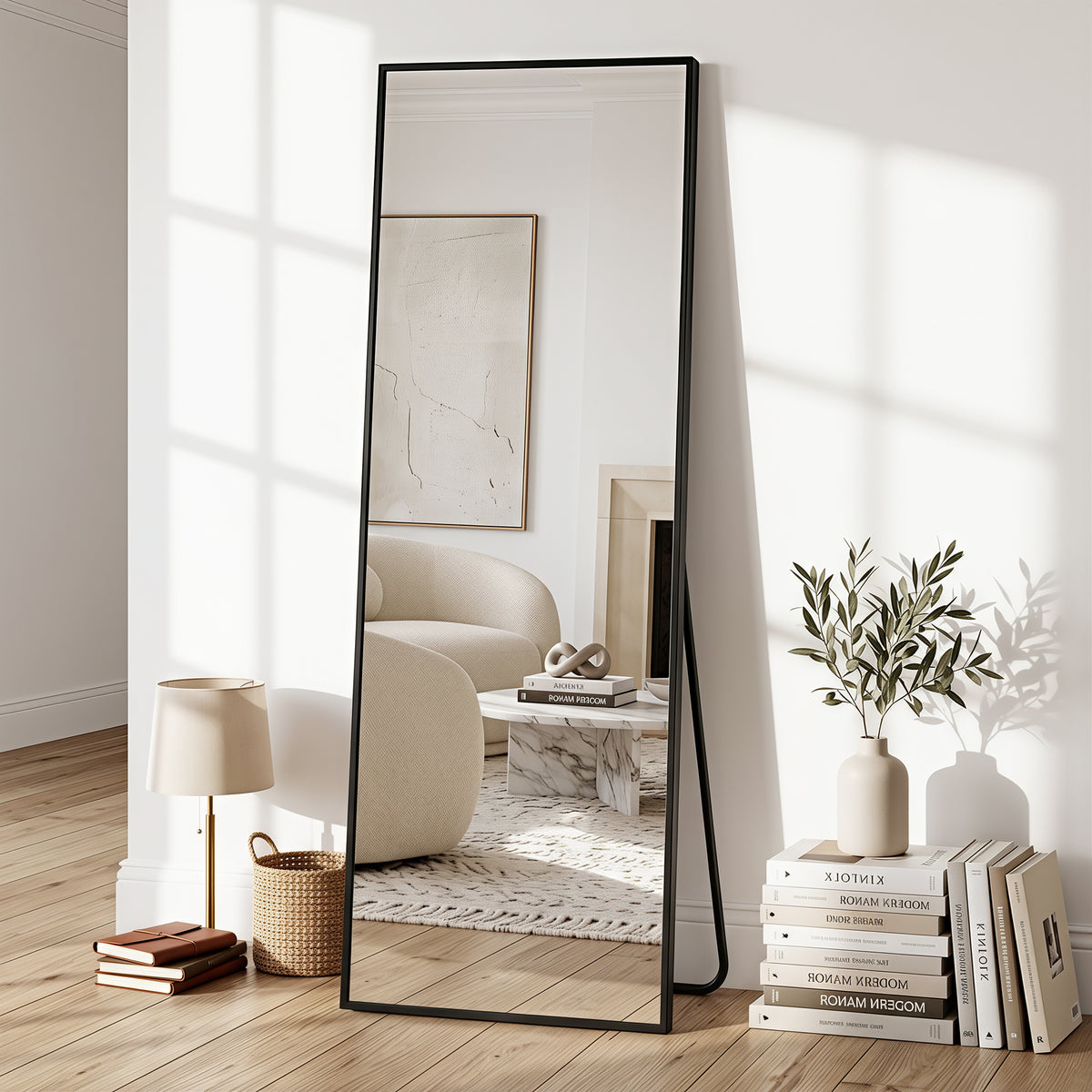 Antok Full Length Floor Mirror Rectangle Floor Standing Tall Mirror with Aluminum Frame, Leaning, Wall Mounted or Freestanding