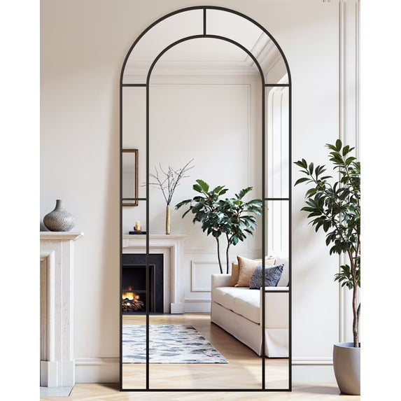 Antok 58"x 21" Arched Full Length Windowpane Mirror Metal Framed Wall Decor Floor Mirror, Black
