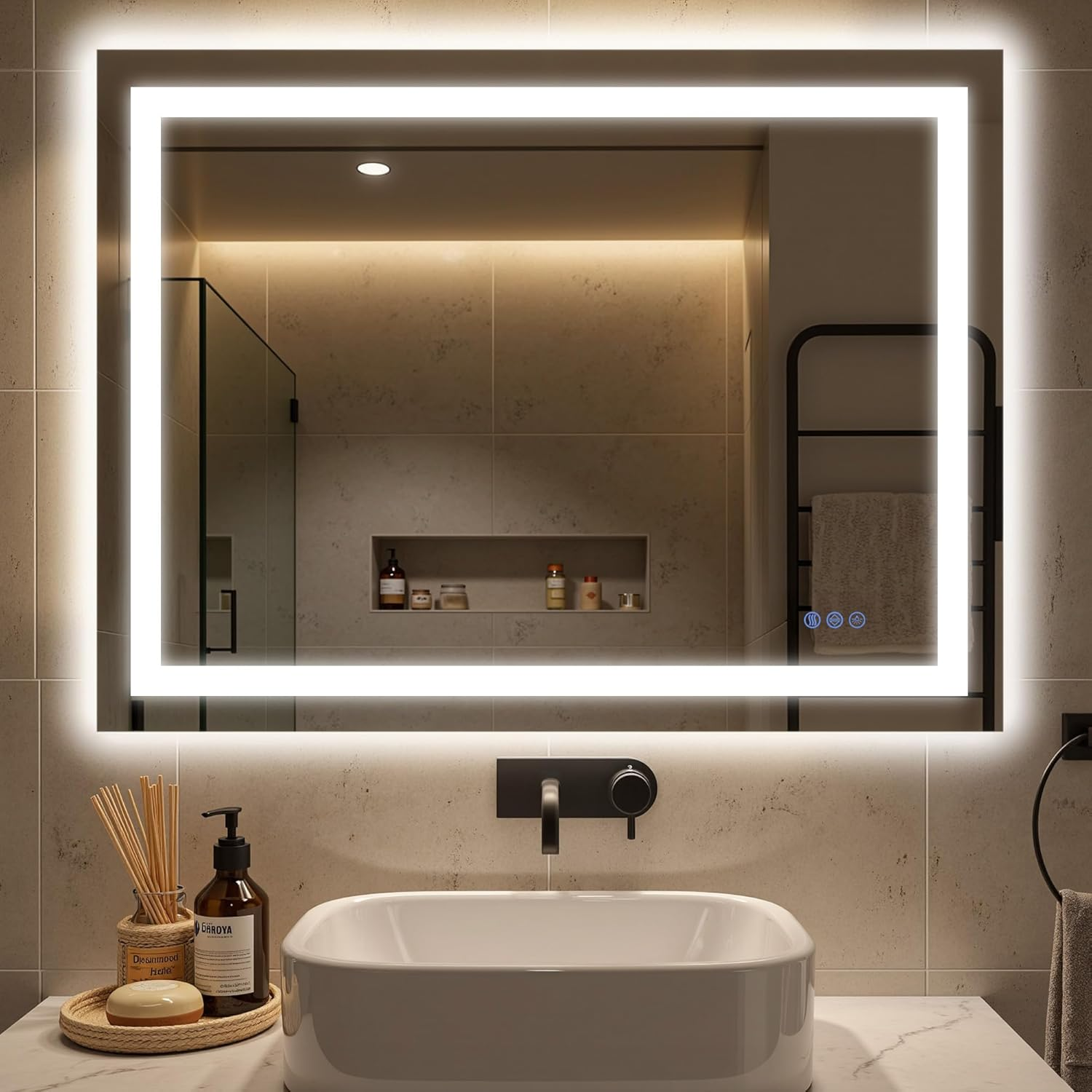 Antok LED Bathroom Mirror with Lights, Anti-Fog, Dimmable, Lighted Vanity Mirror with Tempered Glass, Memory Function, Safe Use, Horizontal, Vertical, Wall Mount