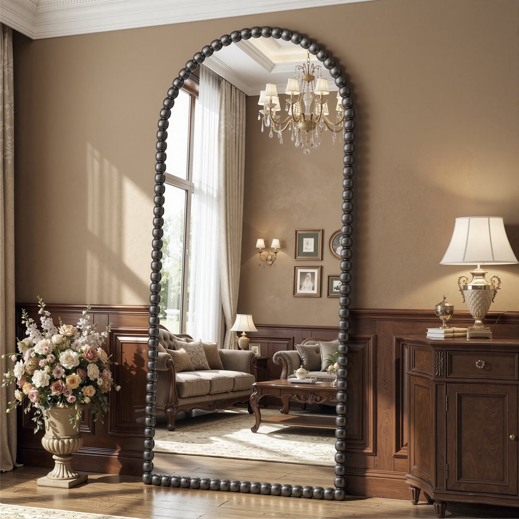 Antok Arched Full Length Mirror, Beaded Metal Frame Floor Mirror