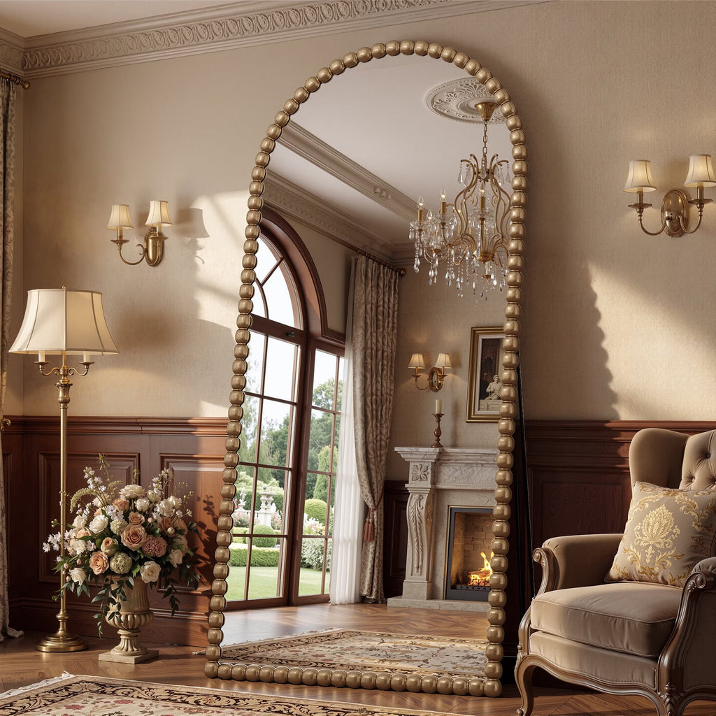 Antok Arched Full Length Mirror, Beaded Metal Frame Floor Mirror
