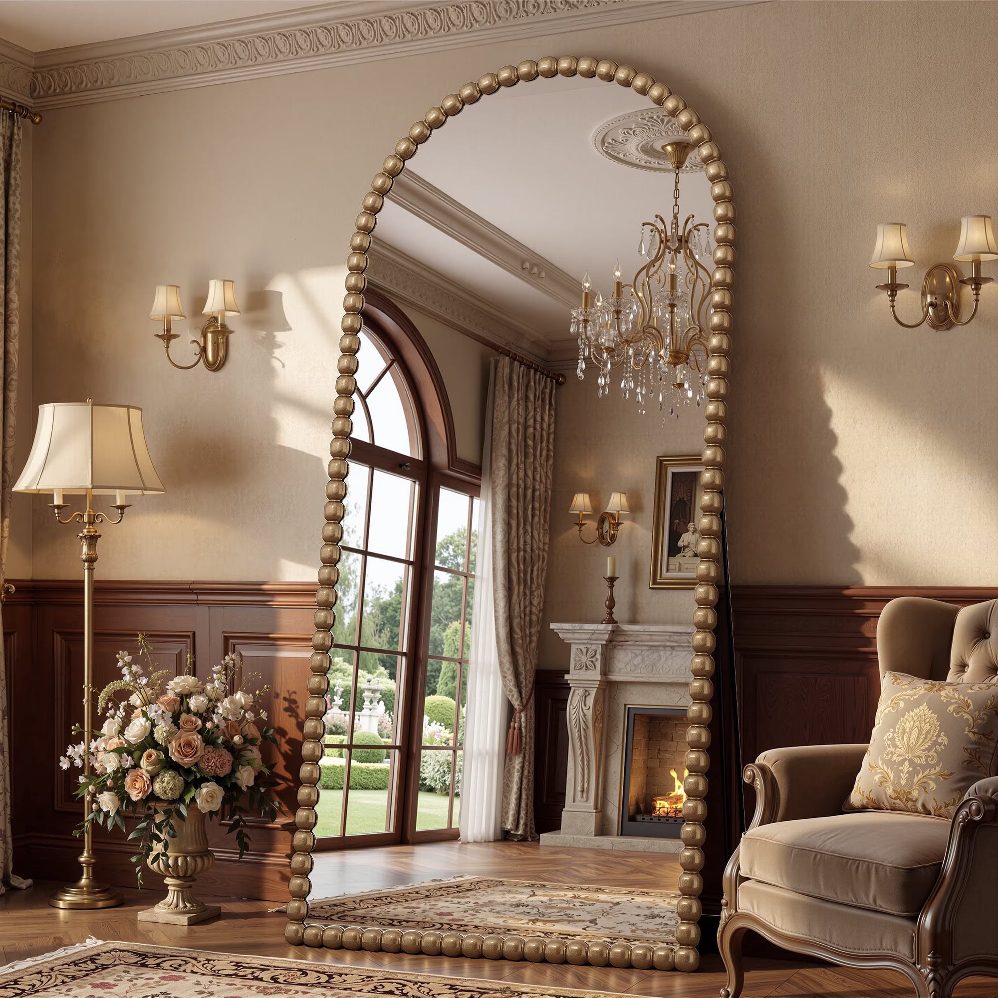 Antok Arched Full Length Mirror, Beaded Metal Frame Floor Mirror
