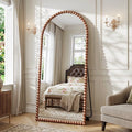 Antok 76“x34” Arched Full Length Mirror with Beading, Beaded Floor Length mirror, Freestanding Metal Frame Floor Mirror, Brown