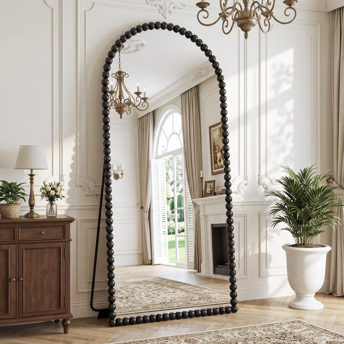 Antok 76“x34” Arched Full Length Mirror with Beading, Beaded Floor Length mirror, Freestanding Metal Frame Floor Mirror, Black