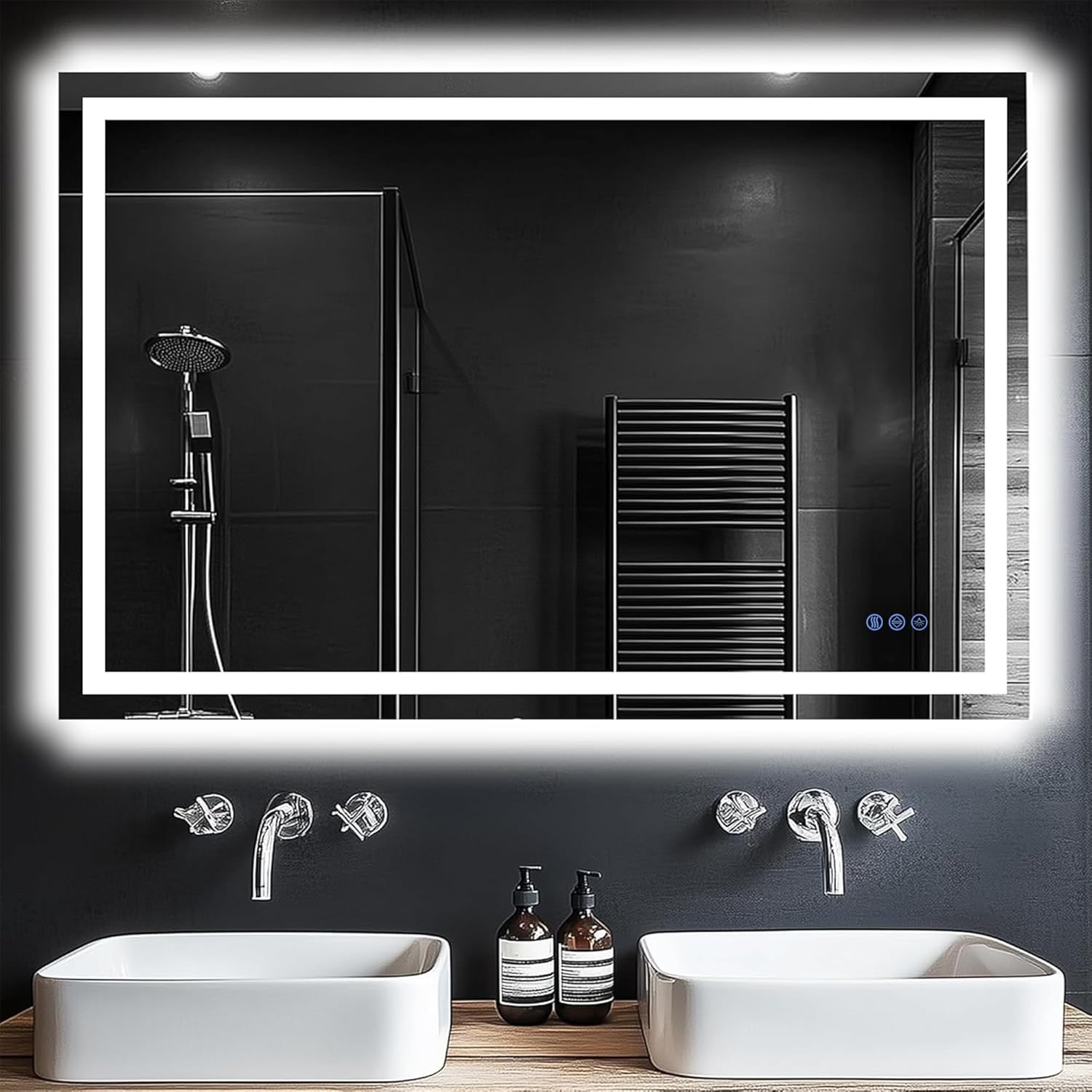 Antok LED Bathroom Mirror with Lights, Anti-Fog, Dimmable, Lighted Vanity Mirror with Tempered Glass, Memory Function, Safe Use, Horizontal, Vertical, Wall Mount