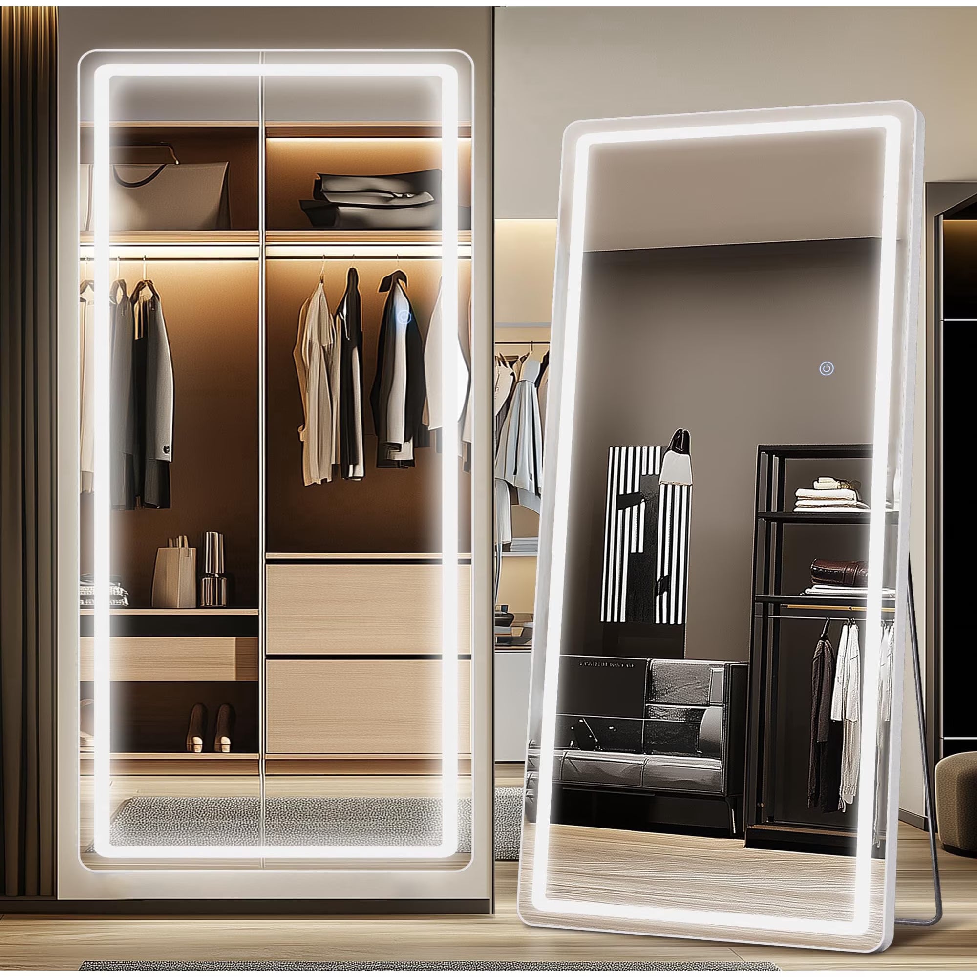 Antok 76"x34" LED Full Length Mirror, Freestanding & Wall-Mount Lighted Body Mirror, White