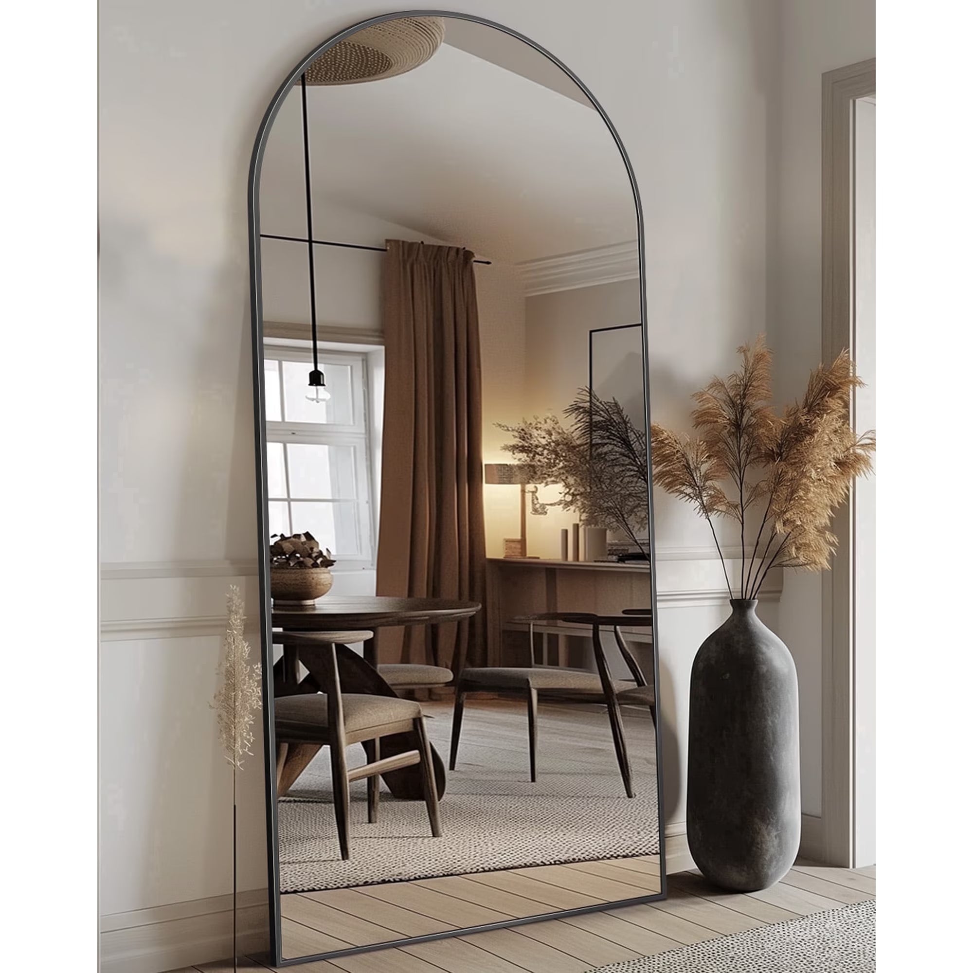 Antok Arched Full Length Mirror , Standing Floor Mirror with Black Frame, Durable Anti-Shatter Glass, Freestanding/Wall Mountable for Bedroom, Living Room, Dressing Room