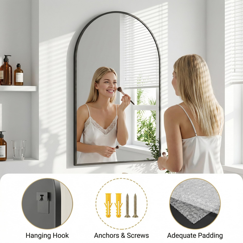 Antok Arched Bathroom Mirror, Wall Mounted Mirror, Vanity Mirrors for Over Sink, Aluminum Alloy Frame Bathroom Mirrors Living Room, Bedroom and Entryway
