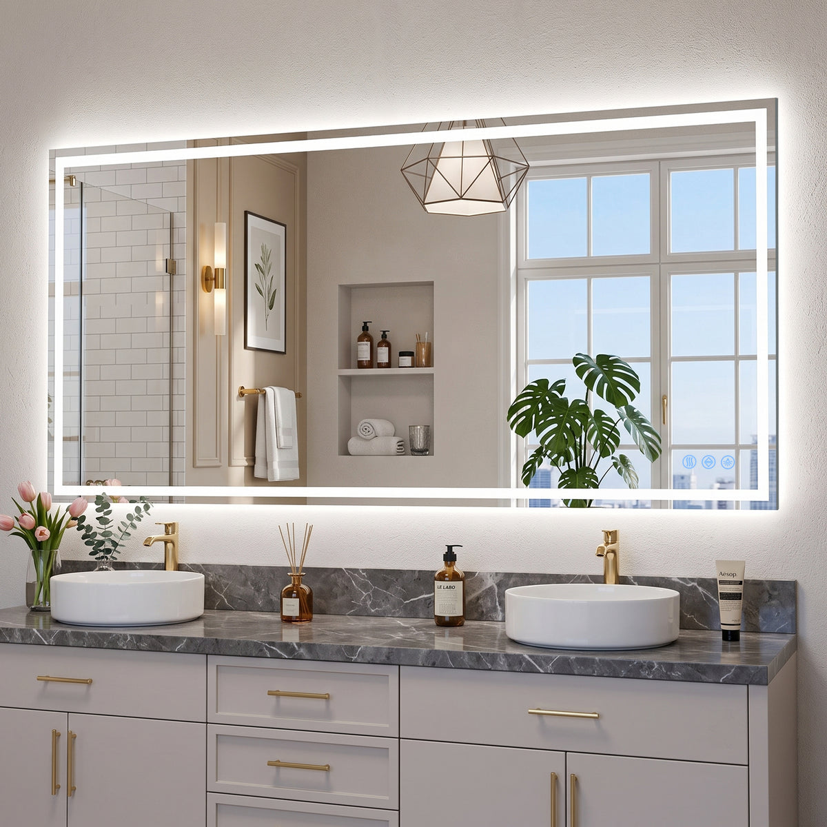 Antok 72"x 32" LED Bathroom Mirror, Lighted Vanity Mirror with 3 Color Modes, Dimmable, Anti-Fog, Memory Function, Tempered Glass, Vertical/Horizontal Wall Mount