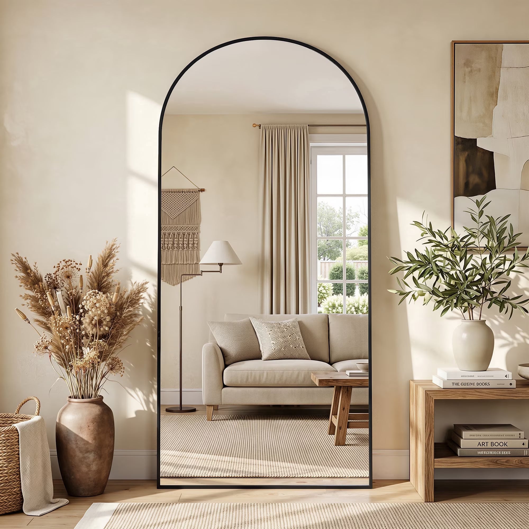 Antok Arched Full Length Mirror , Standing Floor Mirror with Black Frame, Durable Anti-Shatter Glass, Freestanding/Wall Mountable for Bedroom, Living Room, Dressing Room