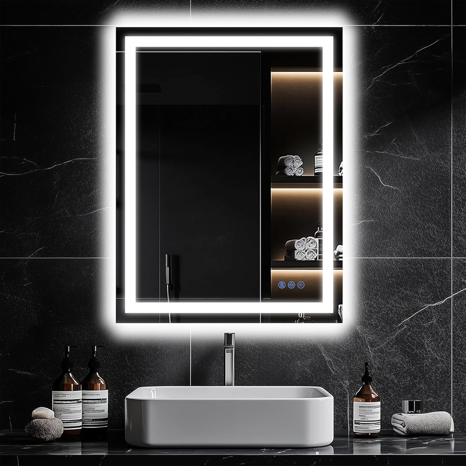 Antok LED Bathroom Mirror with Lights, Anti-Fog, Dimmable, Lighted Vanity Mirror with Tempered Glass, Memory Function, Safe Use, Horizontal, Vertical, Wall Mount