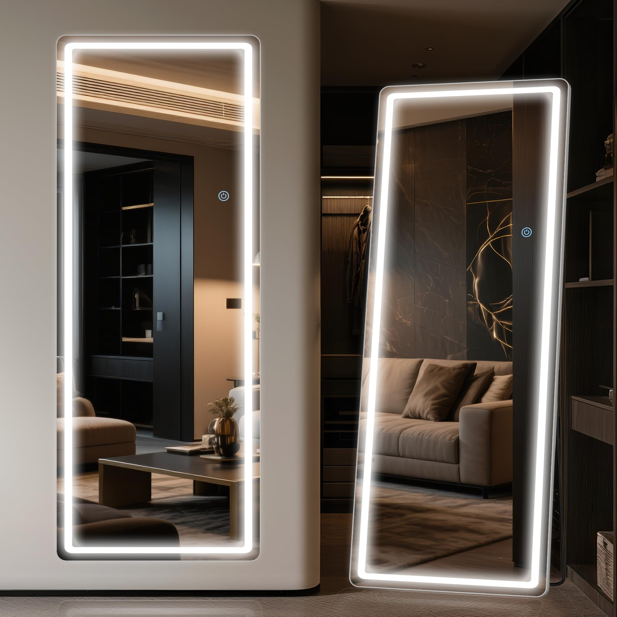 Antok LED Full Length Mirror with Light, Lighted Full Body Mirror with Stand, Dimmable & 3 Color Lighting Standing/Leaning/Wall Mounted Vanity Mirror for Bedroom Cloakroom Livingroom