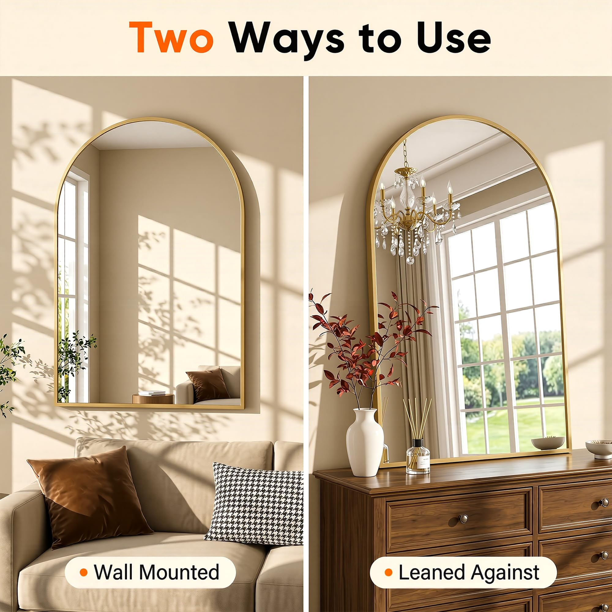Antok Arched Bathroom Mirror, Wall Mounted Mirror, Vanity Mirrors for Over Sink, Aluminum Alloy Frame Bathroom Mirrors Living Room, Bedroom and Entryway