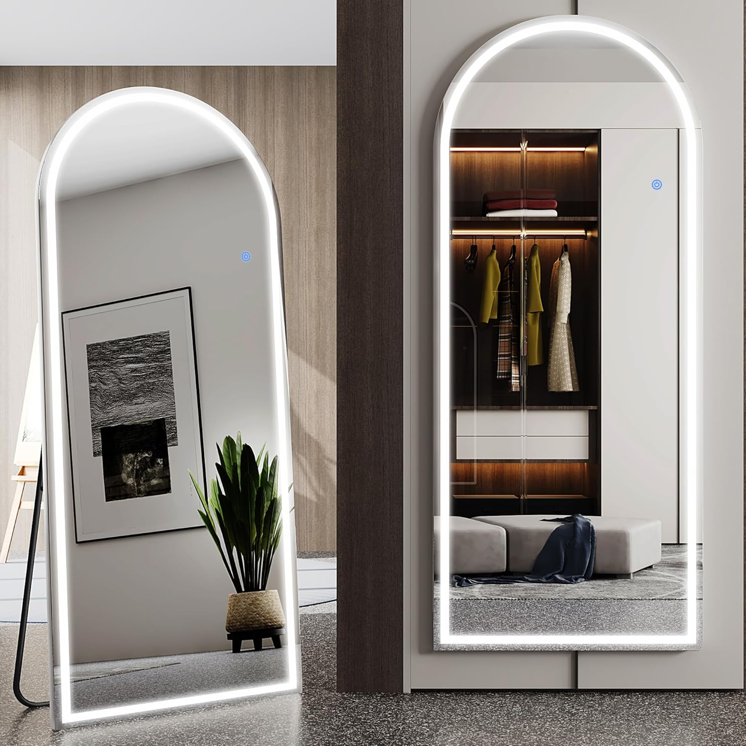 Antok LED Full Length Mirror with Light, Lighted Full Body Mirror with Stand, Dimmable & 3 Color Lighting Standing/Leaning/Wall Mounted Vanity Mirror for Bedroom Cloakroom Livingroom