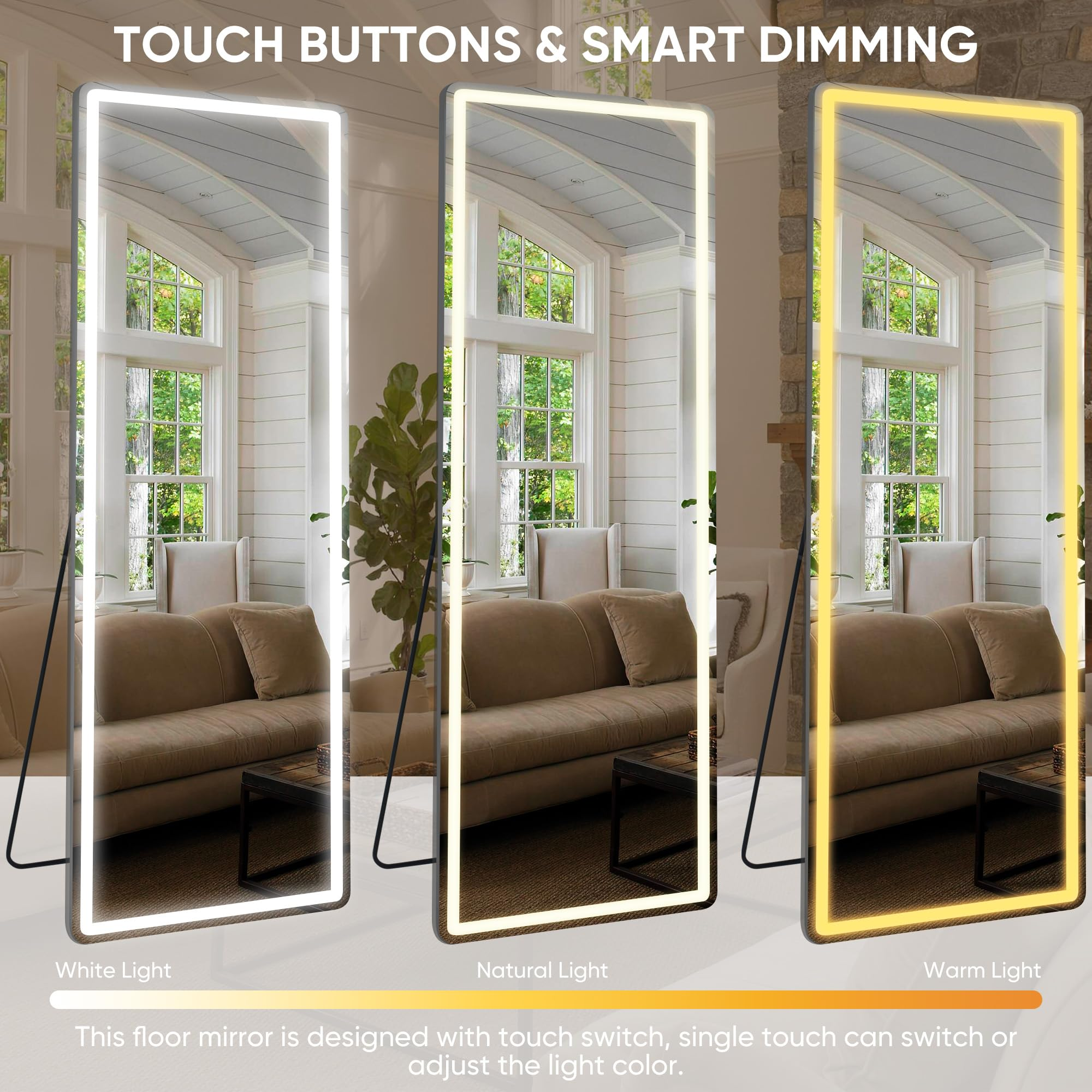 Antok LED Full Length Mirror with Light, Lighted Full Body Mirror with Stand, Dimmable & 3 Color Lighting Standing/Leaning/Wall Mounted Vanity Mirror for Bedroom Cloakroom Livingroom