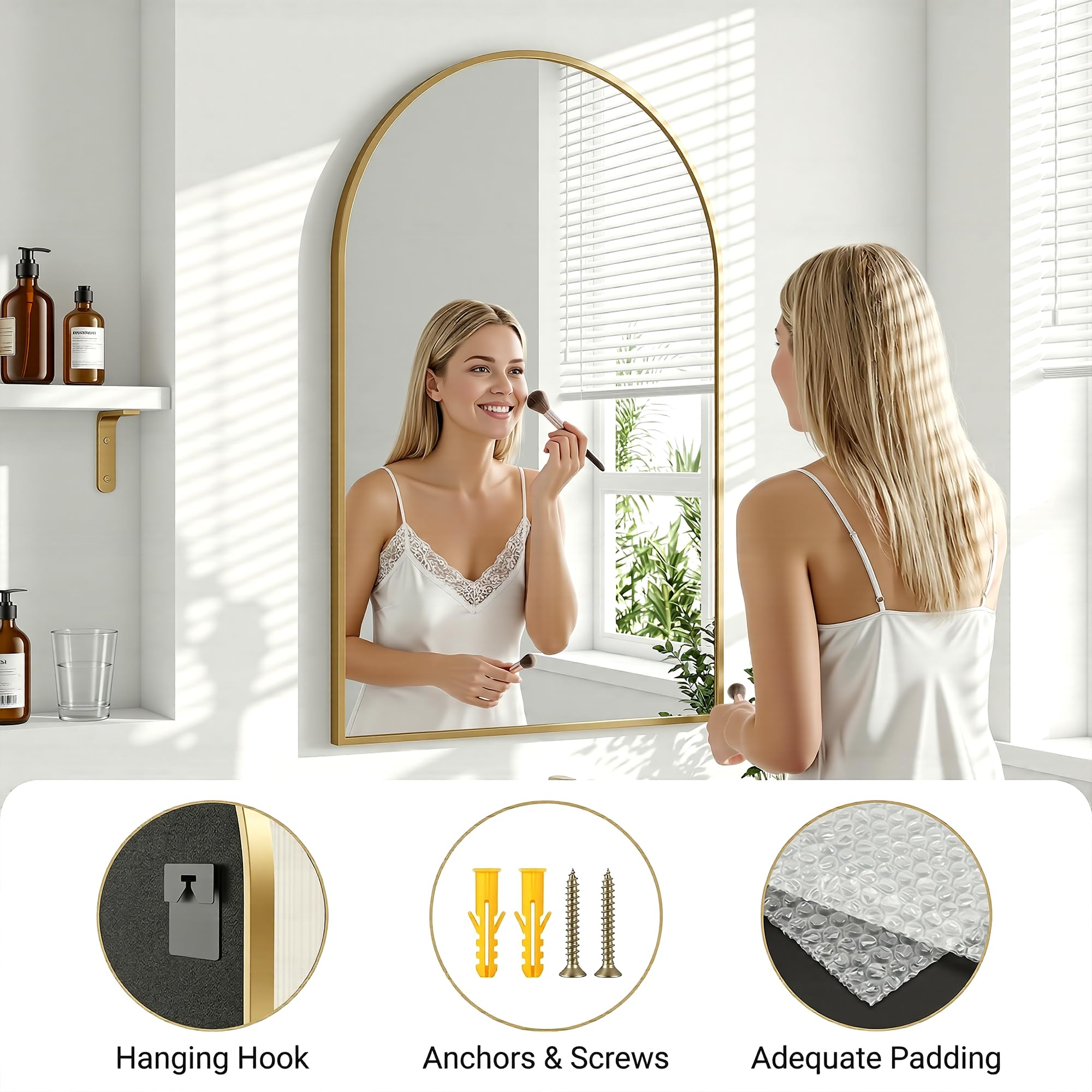 Antok Arched Bathroom Mirror, Wall Mounted Mirror, Vanity Mirrors for Over Sink, Aluminum Alloy Frame Bathroom Mirrors Living Room, Bedroom and Entryway
