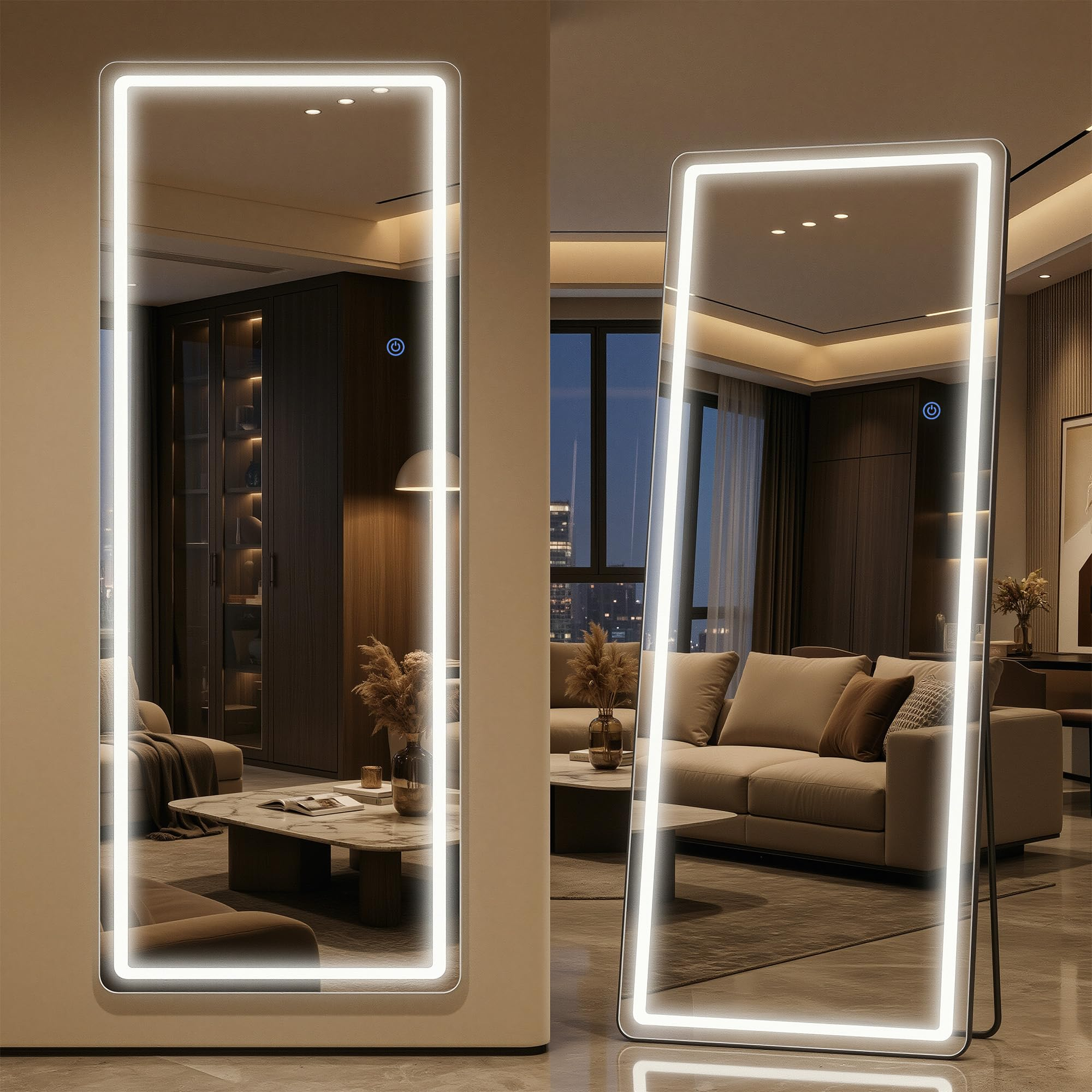 Antok LED Full Length Mirror with Light, Lighted Full Body Mirror with Stand, Dimmable & 3 Color Lighting Standing/Leaning/Wall Mounted Vanity Mirror for Bedroom Cloakroom Livingroom