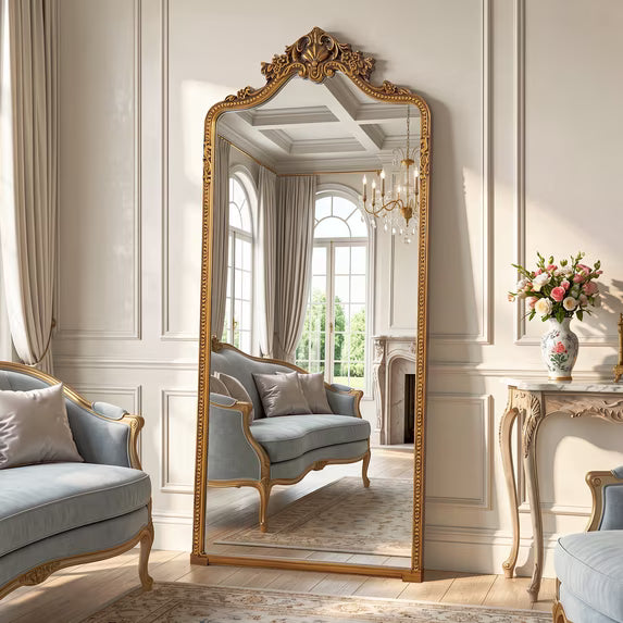 Antok Ornate Arched Full Length Mirror, Vintage Carved Metal Frame Floor Mirror
